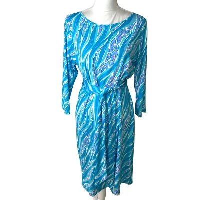 Bob Mackie Shift Dress Womens Size Medium Blue Wearable Art Spandex Poly Belted - Image 1 of 4