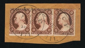 GENUINE SCOTT #25 USED 1857 TYPE-I STRIP OF 3 BROWNISH CARMINE TIED TO QUINCY IL - Picture 1 of 2
