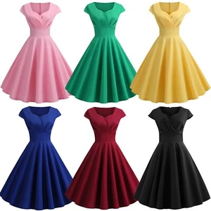 Women 50s 60s Rockabilly Swing Dress Cocktail Retro Casual Evening Party Dress - Picture 1 of 18