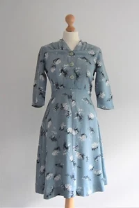 Vintage WWII 40s 50s Teal Blue Abstract Floral Ruched Wartime Cotton Tea Dress 8 - Picture 1 of 6