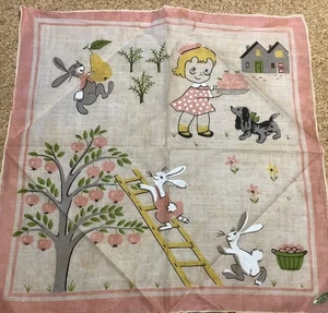 Vintage Taschentuch Kinder bewegliche Augen Mädchen mit Torte - Bild 1 von 2