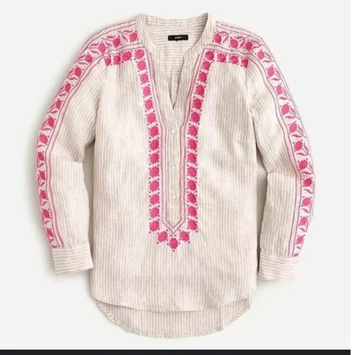 J. Crew Women M Linen Tunic Embroider Striped Long Sleeve Summer Boho Tan Pink - Image 1 of 4
