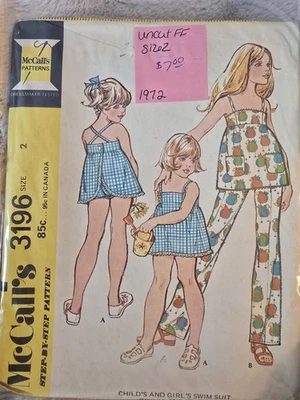 McCall's 3196 Vintage Girls Swimsuit or Top & Pants Sz 2 Uncut 1972 - Image 1 of 2