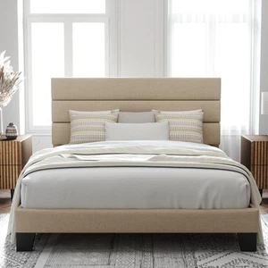 Queen Size Platform Bed Frame with Fabric Upholstered Headboard and Wooden Sl... - Picture 1 of 8