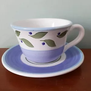 Williams Sonoma Perisol große Tasse und Untertasse blaues Band grüne Blätter Italien - Bild 1 von 8