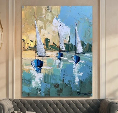 LEINWAND BILDER BIS 160x120x5 SEGEL-BOOTE SCHIFFE GEMÄLDE BLAU MODERN ABSTRAKT - Bild 1 von 4