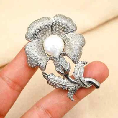 Broche Flor Perla Lujoso-Plata 925 con Pavé Diamantes, Prendedor Floral Novia Regalo Foto 1 de 4