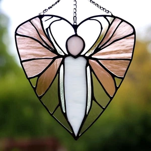 Soft Pink & Crystal LOVE HEART HEAVENLY ANGEL Authentic Stained Glass SUNCATCHER - Bild 1 von 24