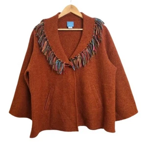 Lark Lane Wool Cardigan Sweater Burnt Orange Southwestern Colorful Fringe Large - Picture 1 of 6