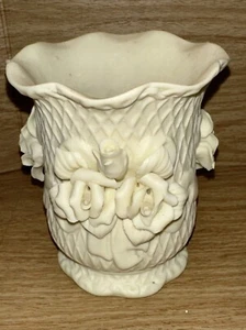 Antique Bisque Porcelain 3D Raised Flower Vase 4.25"x4" White Roses Rose - Picture 1 of 9