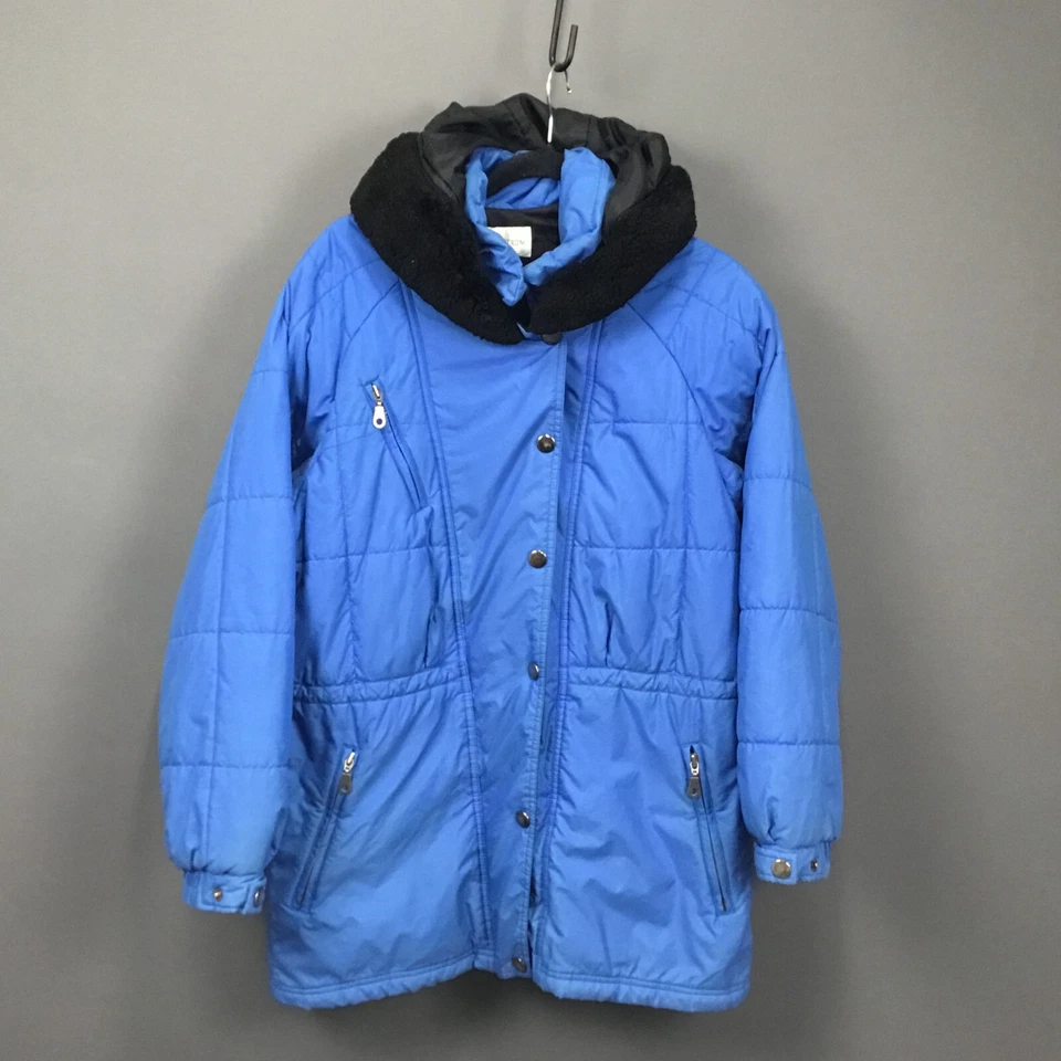 Parka acolchada de invierno vintage para mujer M azul con capucha ribete de piel cremallera completa bolsillo a presión Foto 1 de 4