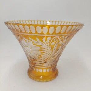 Bohemian Czech Glass Amber Cut to Clear Haida Crystal Glass Floral Flower Vase - Picture 1 of 7