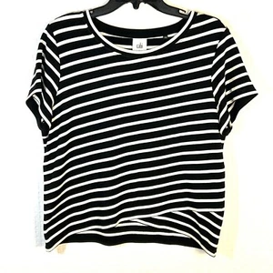 CAbi Gracie Womens Large Striped Black White Crop Top Short Sleeve Crisscross - Picture 1 of 9