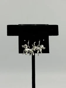 Silver Tone 3D Standing Puppy Dog Charm Dangle Earrings Sterling Silver Hooks - Picture 1 of 1