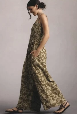 Pilcro Anthropologie Linen Blend Smocked Sleeveless Jumpsuit Printed Floral L - Image 1 of 4