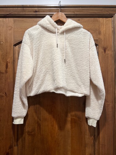OFF WHITE Felpa con cappuccio Urban Outfitters Furry Sherpa cropped top ~ ~ taglia media
