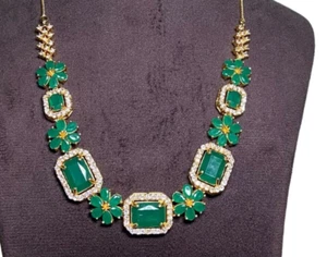Green Onyx Statement Necklace Set ,Gold Plated Earring With Necklace , - Picture 1 of 3