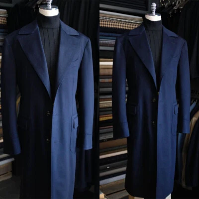 Men Long Overcoat Royal Blue Herringbone Wool Blend Coat Winter Business Outwear - Image 1 of 4