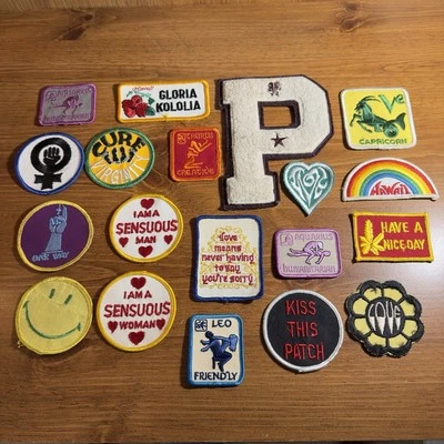 Vintage 70s 80s Sew On Iron On Patch Lot (19) Zodiac Sensual Retro Smiley Love - Image 1 of 4