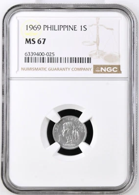 1969 Philippines One Sentimo Lapulapu Aluminium Coin Km 196 NGC MS 67 - Image 1 of 4