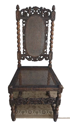 Antigua silla trono de ratán estilo jacobino reina real Cupido 1680 Foto 1 de 4