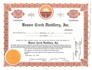 Beaver Creek Distillery, Inc 1966 Aktienzertifikat - Bild 1 von 1