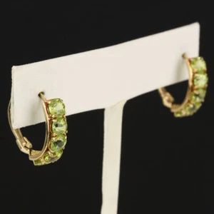 14K Yellow Gold Green Simulated Peridot Hoop Earrings - Picture 1 of 8