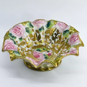 VINTAGE METÀ SECOLO PORCELLANA ASIATICA FOGLIA ORO SOVRAPPOSIZIONE FIORI ROSA/PIATTO CARAMELLE - Foto 1 di 13