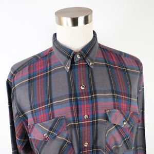 Vintage Van Heusen Mens Winterweights LS Button Up Gray Plaid Dress Shirt XL