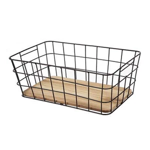 Black Handcrafted Wire Basket with Wood Board Base - Picture 1 of 4