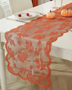 33x183 Embroidered Maple Leaf Lace Table Runner Thanksgiving Autumn Fall Decor - Picture 1 of 7