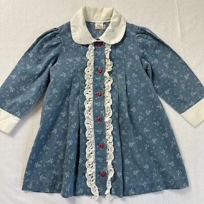 Vestido retro vintage Sears para niñas talla 5 azul algodón con ojales Foto 1 de 4