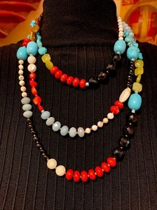 PEYOTE VOGEL 925 Silber Halbedelstein lange Perlenkette 67" Strang 160g - Bild 1 von 14