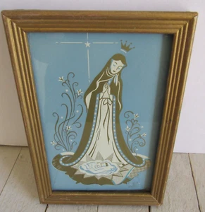 Vintage Mid Century Modern gerahmtes Maria und Jesuskind blau gold Bild - Bild 1 von 5
