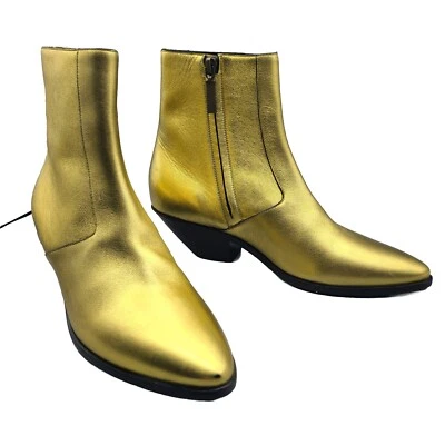 Saint Laurent Gold western boots Ankle Heel Zipper Leather Sz 37 7 New Defect - Image 1 of 4