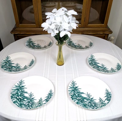 6 Royal Norfolk Green & White Pine Trees Snow 10.5" Dinner Plates Christmas Lot - Image 1 of 4