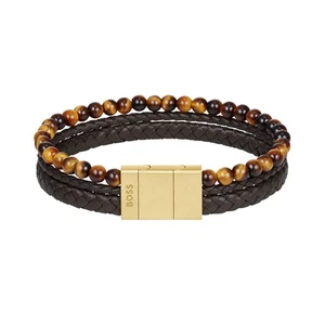Pulsera hombre BOSS 1580787 correa de cuero negro acero inoxidable dorado 20 cm - Imagen 1 de 4