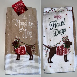 Set Of Two Christmas Kitchen Towels Feliz Naughty Dog Novelty Holidays NEW - Picture 1 of 12