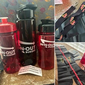 IN N OUT Burger ~ 3 Sport Wasserflaschen + Schlüsselband + aufblasbare Clapper Cheersticks - Bild 1 von 11