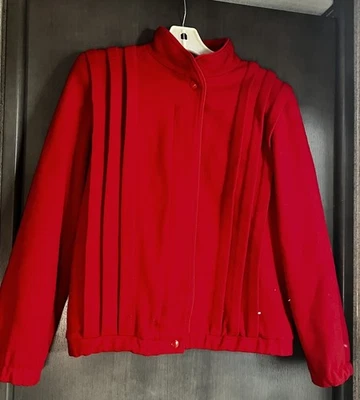 Vintage 80s Red Cropped Wool Bomber Jacket Zip Front Shoulder Pads Size Small - Image 1 of 4