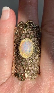 Vintage Czech Opal Glass Dragons Breath Cabochon Brass Filigree Ring Wide Long - Picture 1 of 24