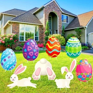 8 Pcs Easter Decorations Outdoor Egg Bunny Yard Signs Outside Easter Decor Ra... - Picture 1 of 7