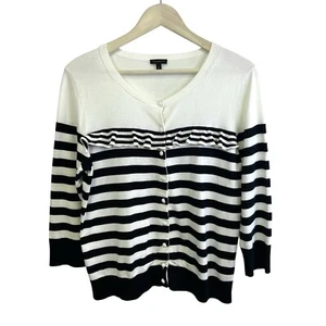 Cárdigan Talbots Mujer Grande Negro Blanco Rayas Volantes Botón Suéter 3/4 SL - Imagen 1 de 4