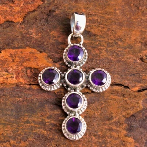 Colgante CRUZ de joyería de plata esterlina sólida 925 hecho a mano de amatista - Imagen 1 de 4