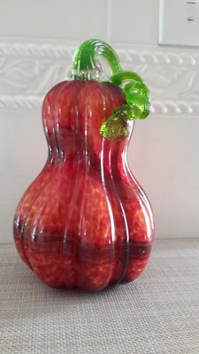 Hand Blown Mid-Century Murano Style Art Glass Squash Red/Green Harvest Fall Used - Image 1 of 4