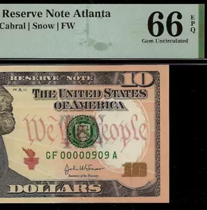 Billete de 10 dólares de la Reserva Federal Atlanta 2004A PMG 66EPQ segundo mejor calificado serie baja - Imagen 1 de 3