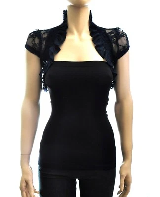 Allover кружевной твердый Puffed короткий рукав укороченный гофрированный Bolero S ~ L - Изображение 1 из 2