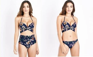 NEW LOOK FLOWER BLUE NAVY FLORAL PRINT TIE UP FRONT BIKINI SET UK 10 12 34C 36C - Picture 1 of 8