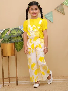 Kids Cotton Casual Wear Half Sleeves Floral Girls Dungaree Co-Ords for Girls - Picture 1 of 17