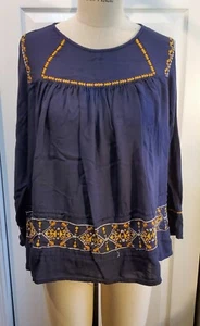 Earthbound Trading Co Boho Peasant Navy Blue Metallic Embroidered Top Size S - Picture 1 of 7